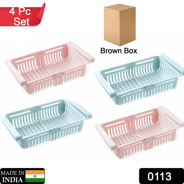 Set of 4 fridge storage baskets for organizing food.