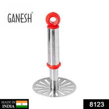 Silver and plastic potato masher, Ganesh brand, with plastic handle, oval design.