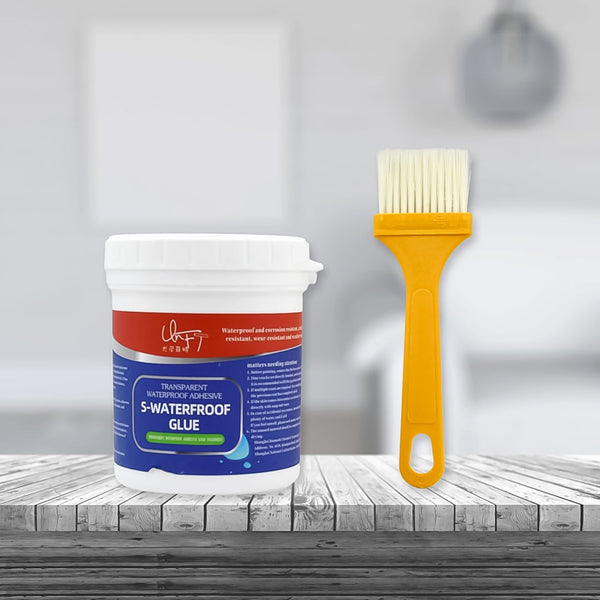 Transparent waterproof glue with brush, ideal for roof and window sealing to prevent leaks.