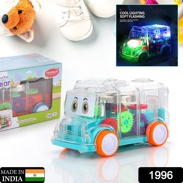 Musical school bus toy with transparent design.