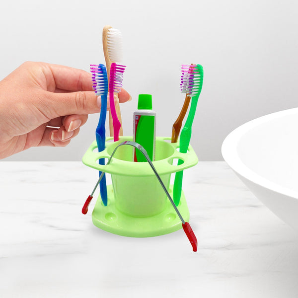 Wall-mounted toothbrush holder for bathroom organization.